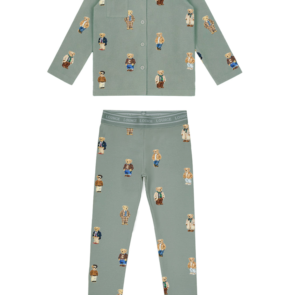 Teddy Pattern Lounge Grandpa Set - Jade