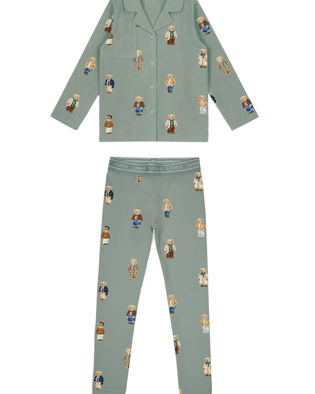 Teddy Pattern Lounge Grandpa Set - Jade